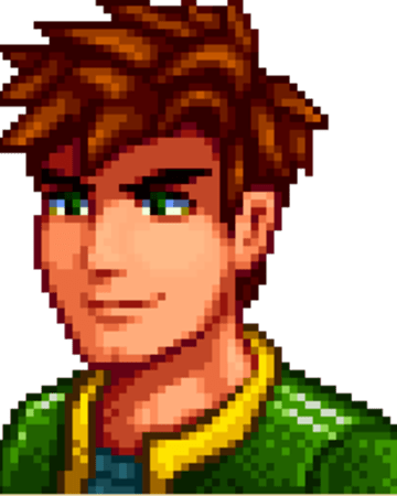 8-bit shoulders-up side view rendering of Alex from Stardew Valley: a man with spiky brown hair, heavy brows, and a green jacket