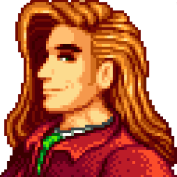 8-bit shoulders-up rendering of Elliott from Stardew Valley: side view of a man with long reddish hair, blue eyes, heavy brows, and a red jacket