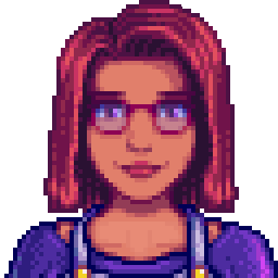 8-bit shoulders-up rendering of Maru from Stardew Valley: a woman with a red bob and red glasses, wearing overalls over a purple shirt