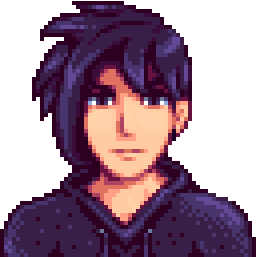 8-bit shoulders-up rendering of Sebastian from Stardew Valley: a man with a purple undercut and a purple sweatshirt