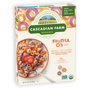 A box of Cascadian Farm Organic Fruitful O's cereal