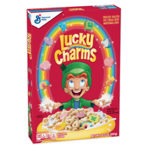 A box of Lucky Charms cereal